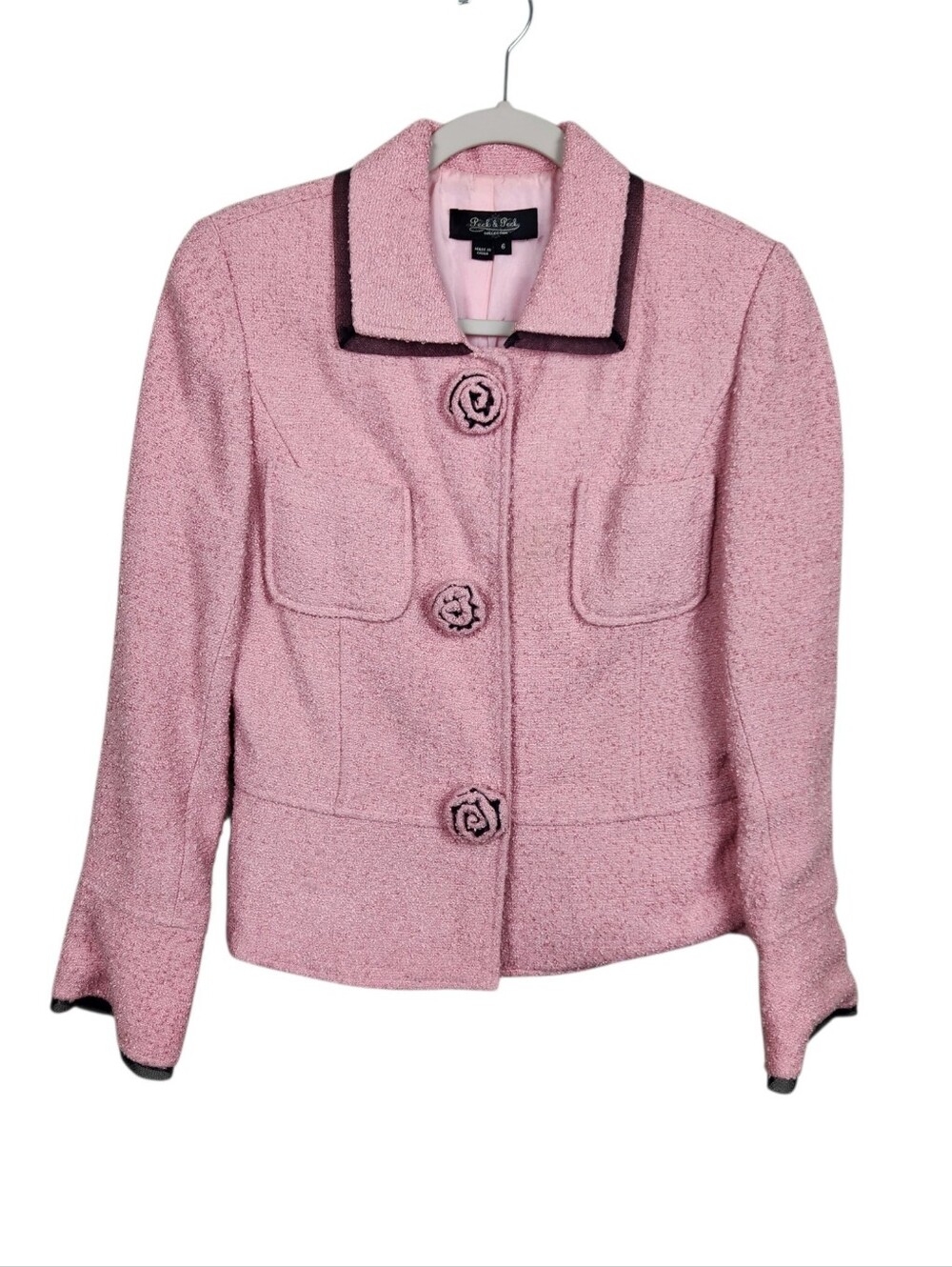 Peck & Peck Pink Boucle Tweed Blazer with Black Trim Rose Buttons Womens Size 6